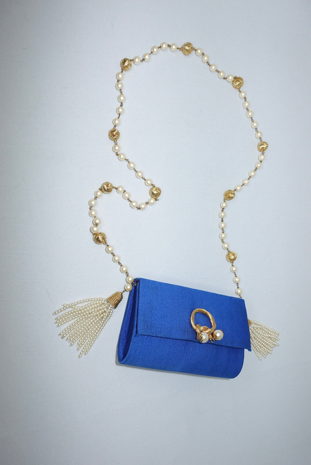 Fendissime Vintage Electric Blue and Gold Pearl Chain Bag