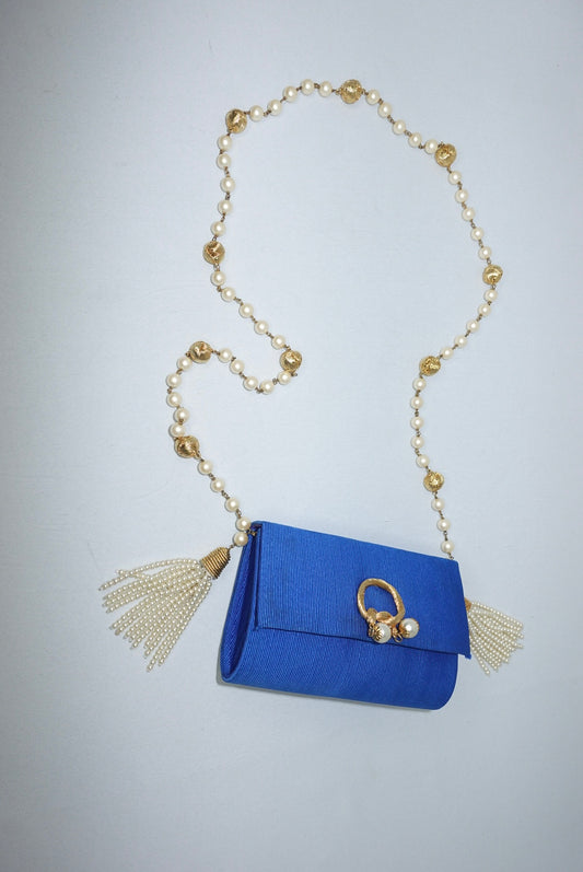 Fendissime Vintage Electric Blue and Gold Pearl Chain Bag