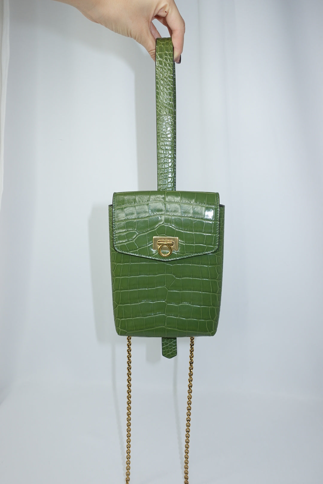 Ferragamo Croc Print Gancini Green Handbag W/ Chain