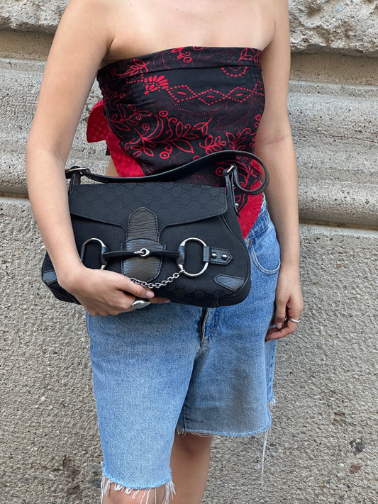 Gucci Horsebit Chain Vintage Black Canvas and Leather Shoulder Bag