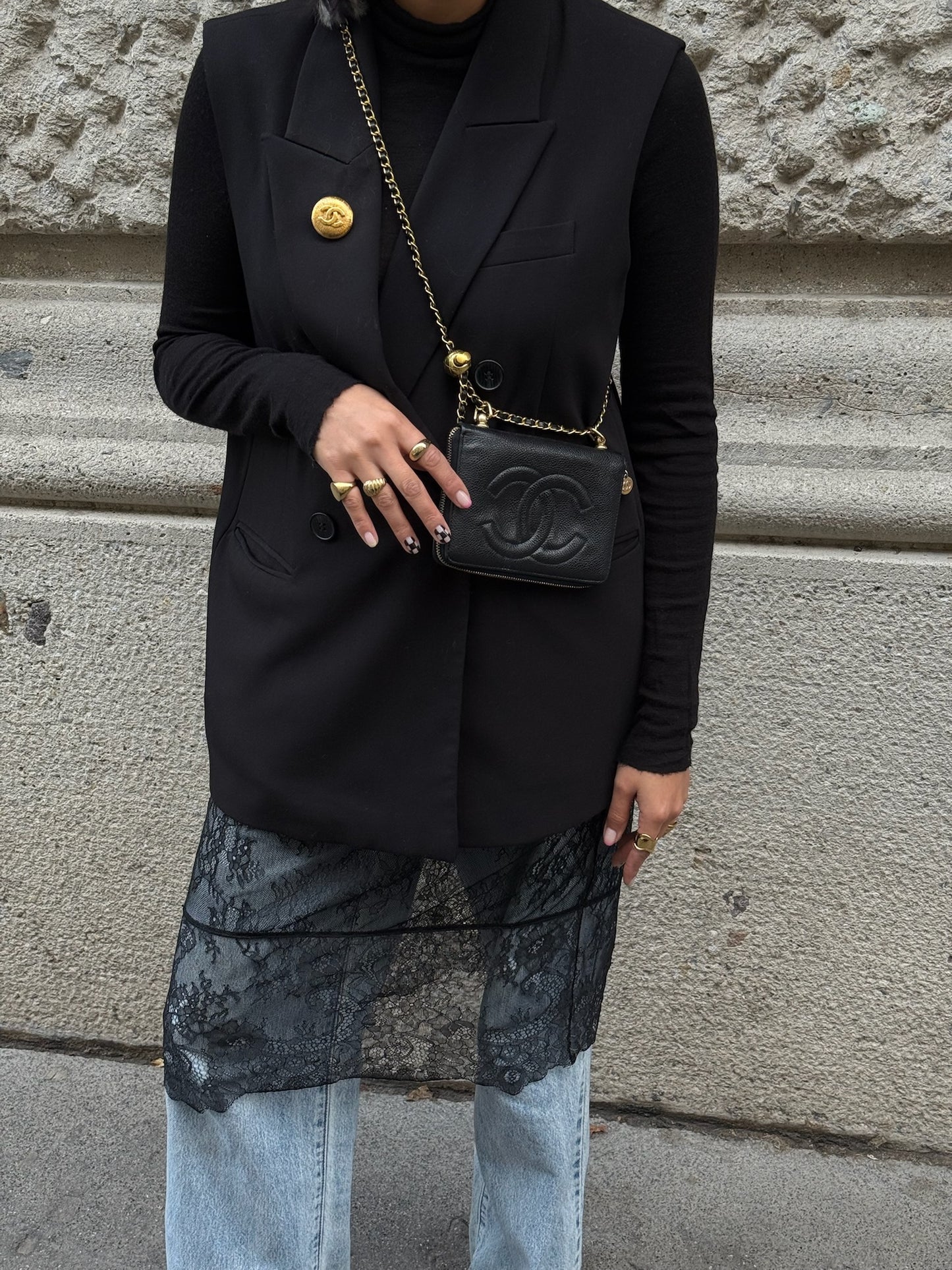 Re-Worked Chanel Black Zip CC Logo Small Vintage Wallet with Chain