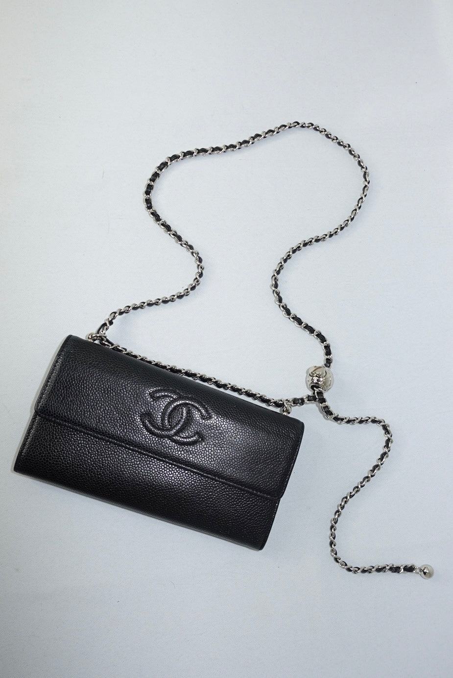 Chanel Re-Worked Flap Long Wallet With Chain in Black Caviar Leather with Embossed CC Logo
