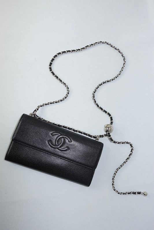 Chanel Re-Worked Flap Long Wallet With Chain in Black Caviar Leather with Embossed CC Logo