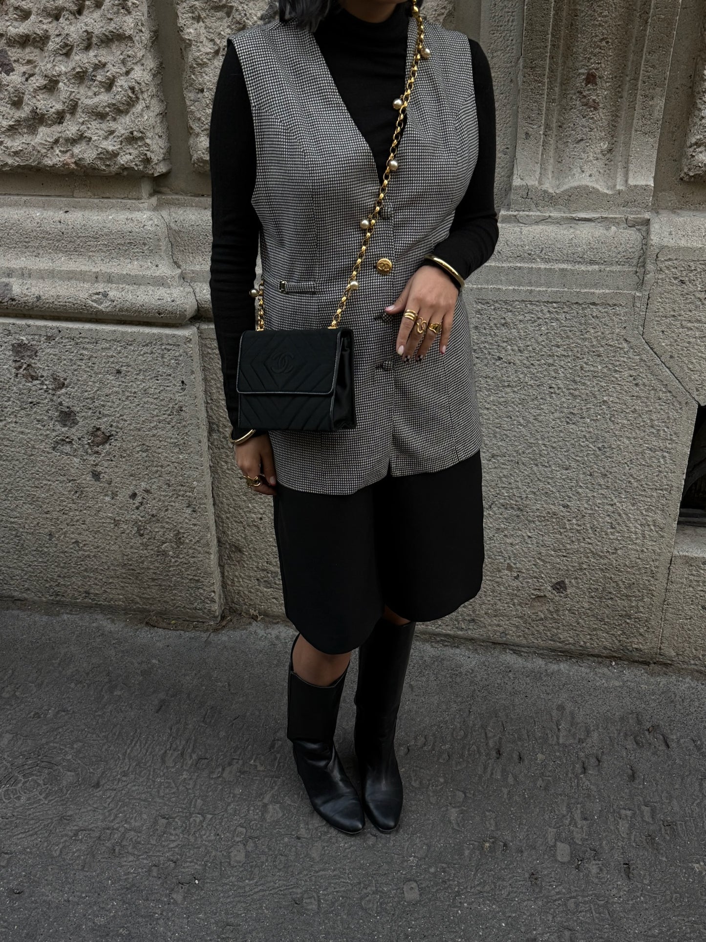 Chanel Vintage Satin Pearl Chain Embroidered CC Logo Bag