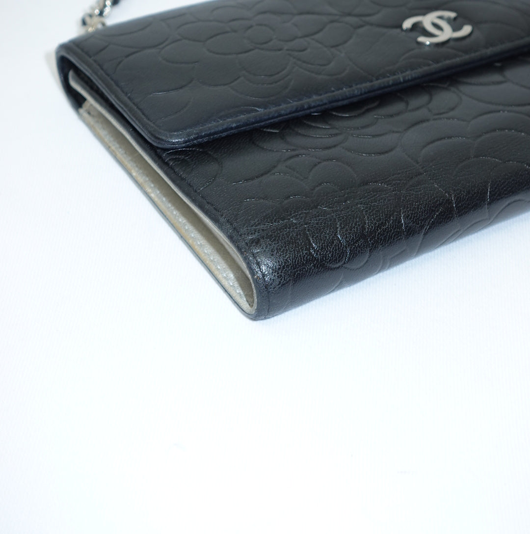 Chanel Black Flap Big Camelia Wallet On Chain