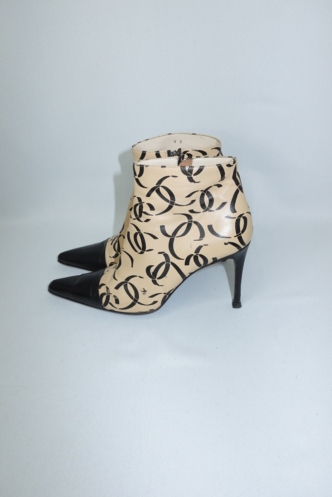 Chanel Vintage CC Logo Print Beige and Black Heeled Pointed Toe Ankle Boots