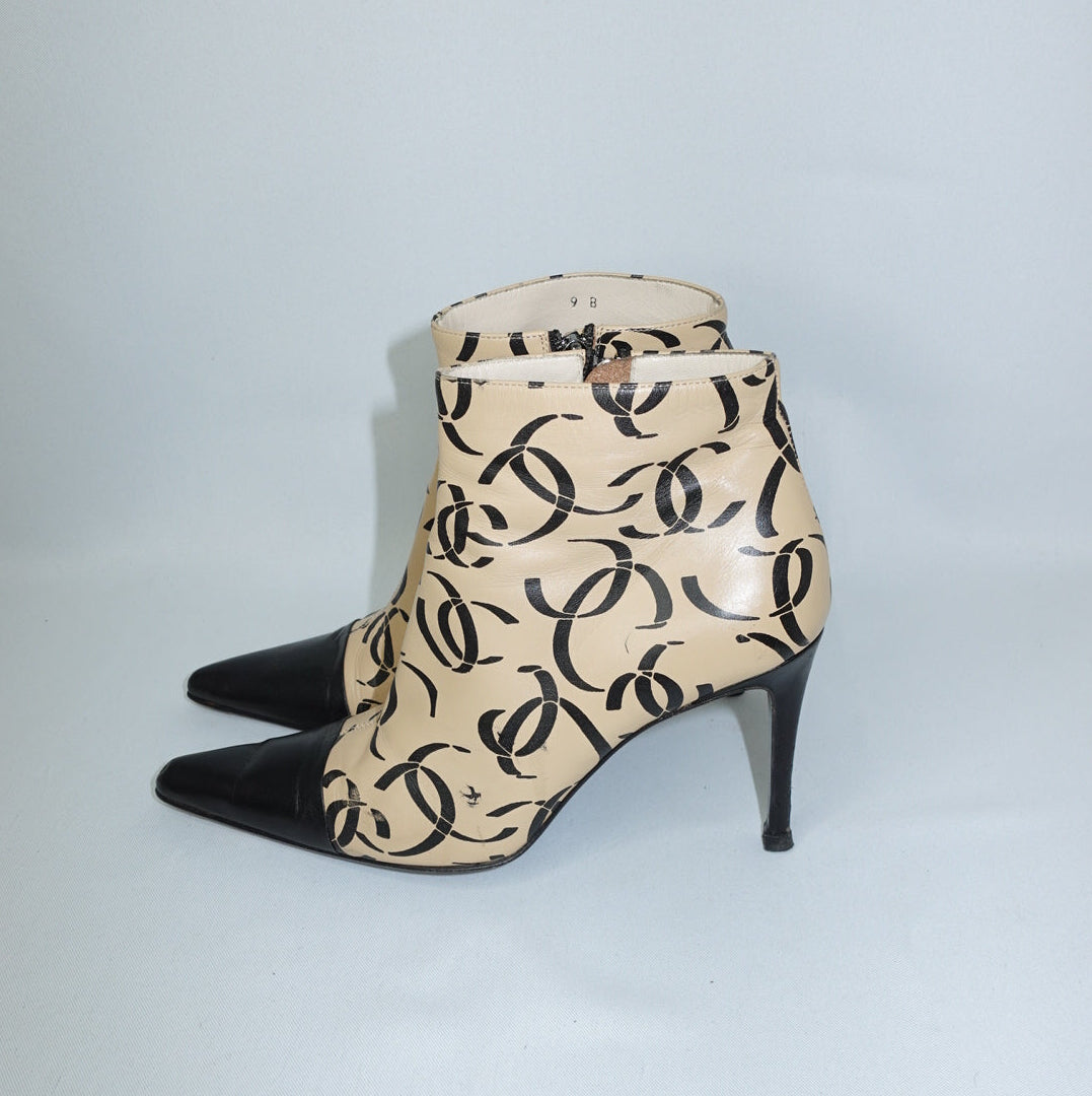 Chanel Vintage CC Logo Print Lambskin Ankle Boots