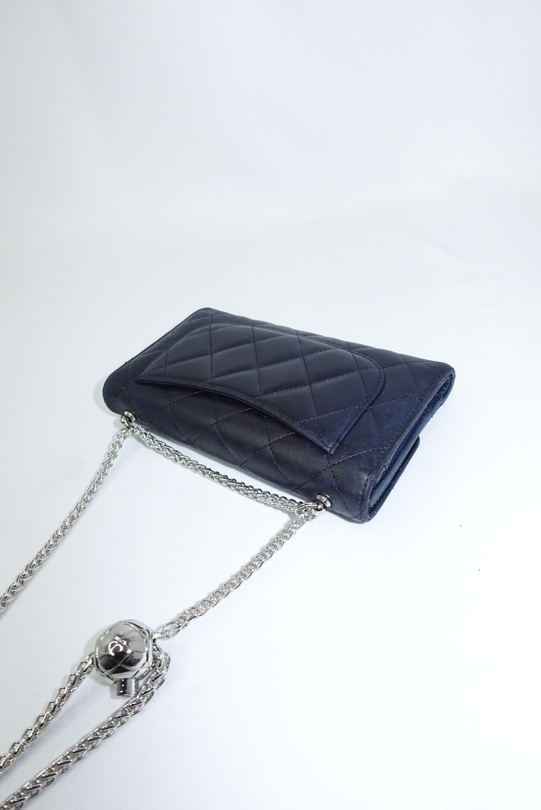 Re-Worked Chanel Timeless Trifold Vintage Navy Wallet with Chain