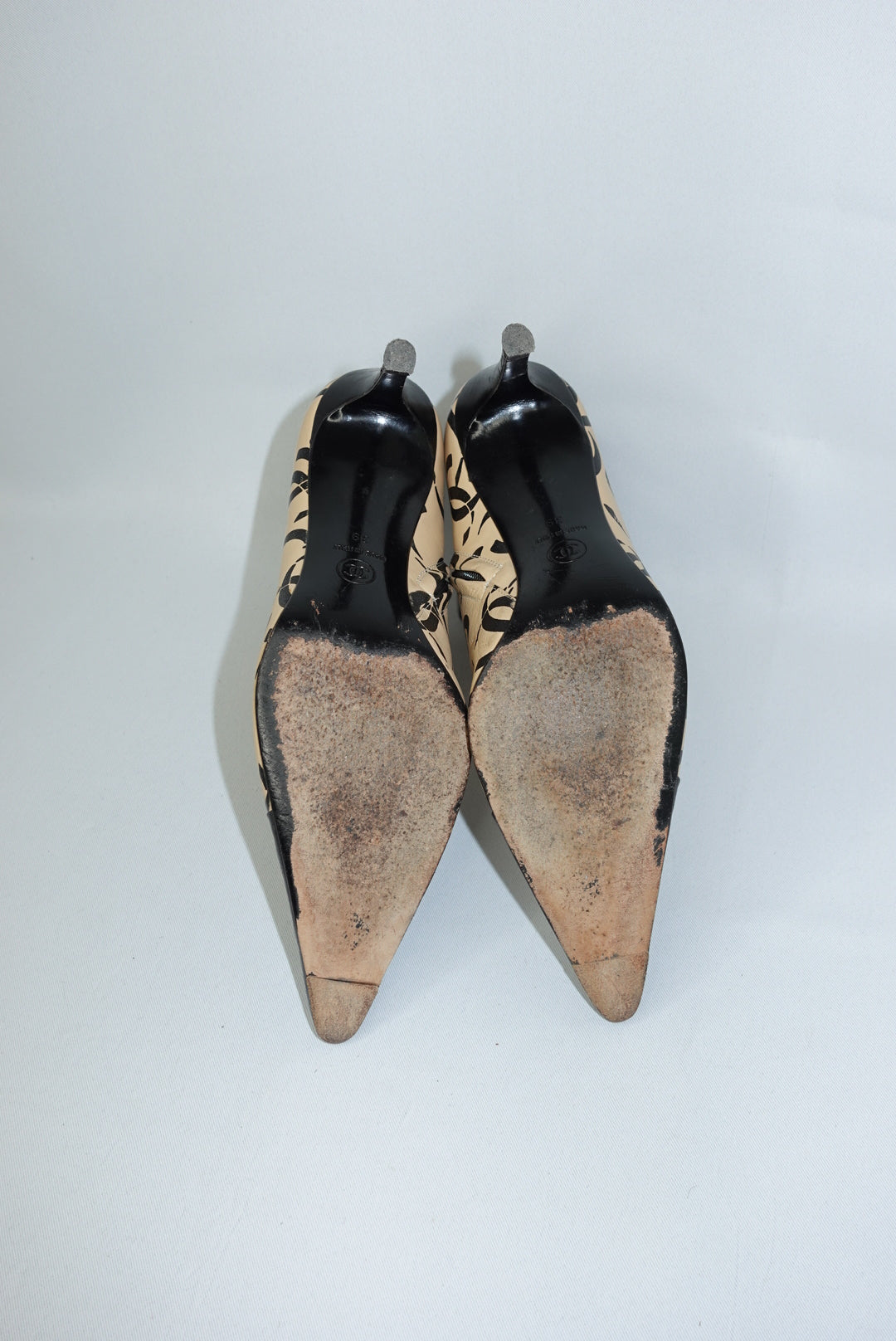 Chanel Vintage CC Logo Print Beige and Black Heeled Pointed Toe Ankle Boots