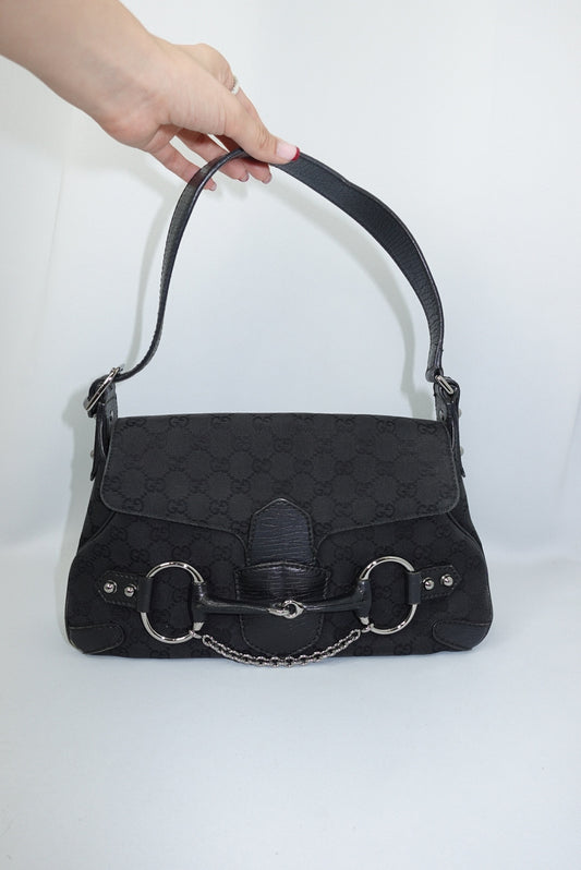 Gucci Horsebit Chain Vintage Black Canvas and Leather Shoulder Bag