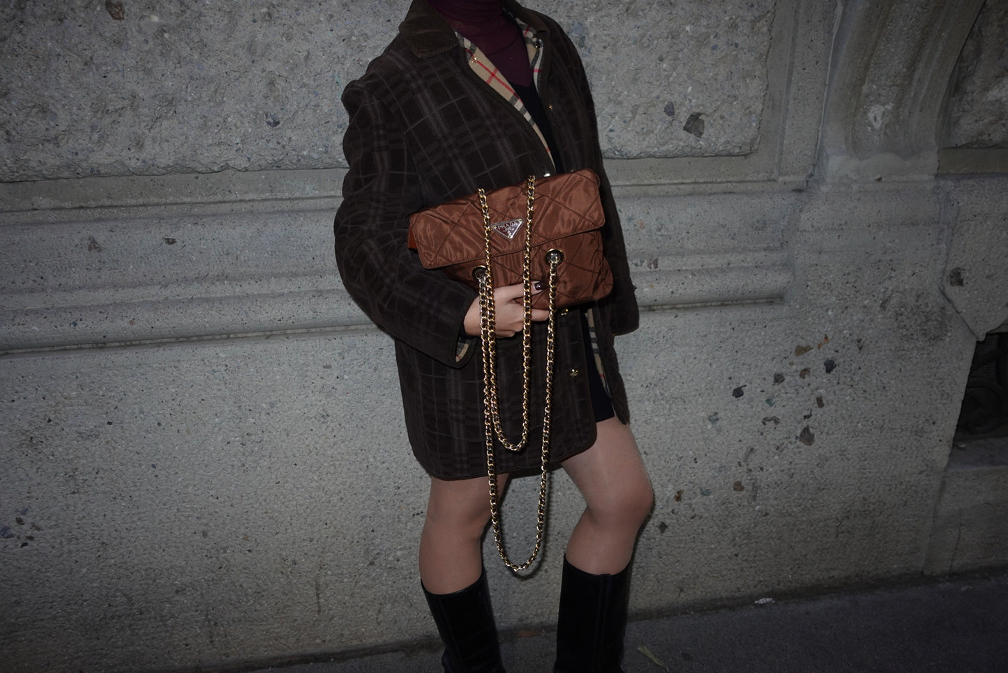 Prada Nylon Brown Vintage Gold Toned Hardware Shoulder Bag