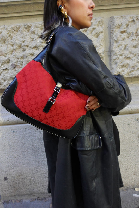 Gucci Vintage Jackie Black & Red Canvas Shoulder Bag