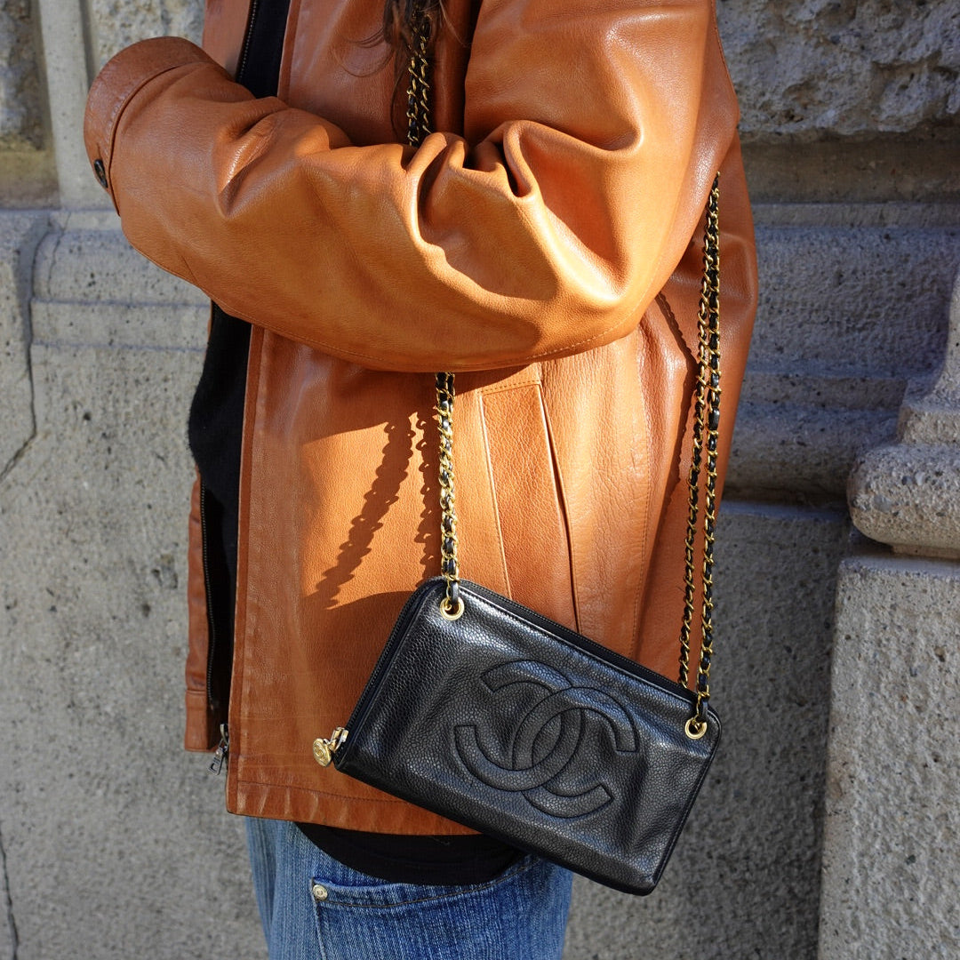 vintage chanel large wallet with chain black