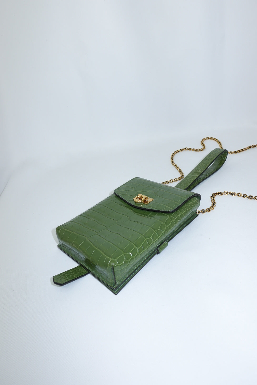 Ferragamo Croc Print Gancini Green Handbag W/ Chain