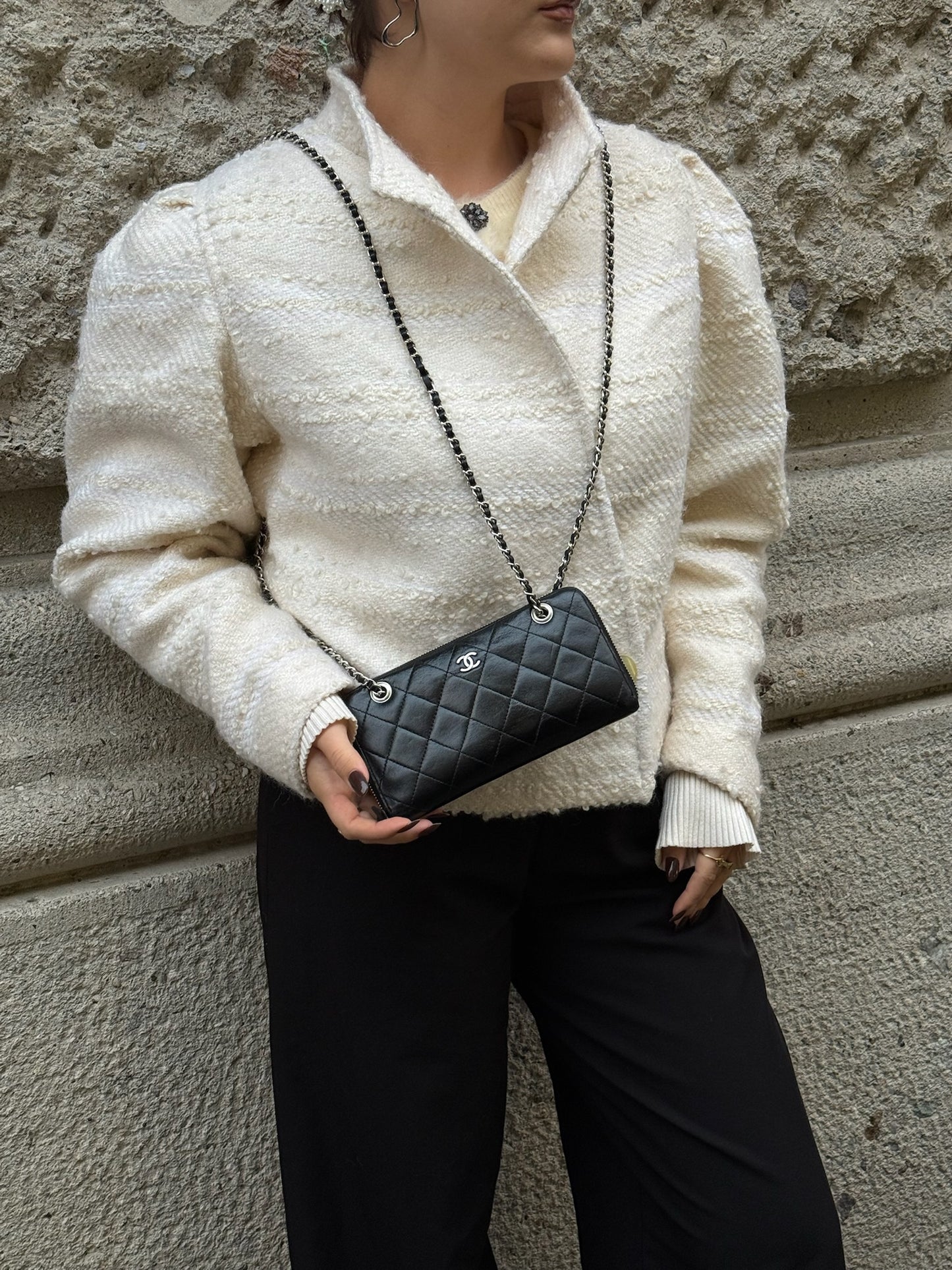 Re-Worked Chanel Timeless Zip Black Vintage Wallet with Chain