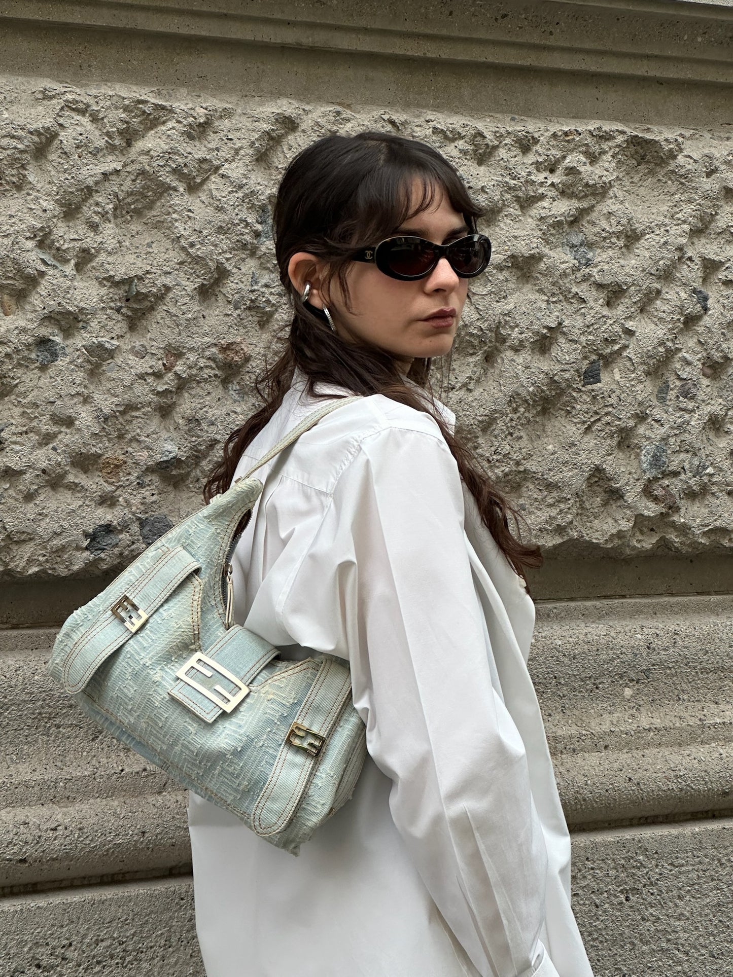 Fendi FF Zucca Light Wash Denim Hobo Bag