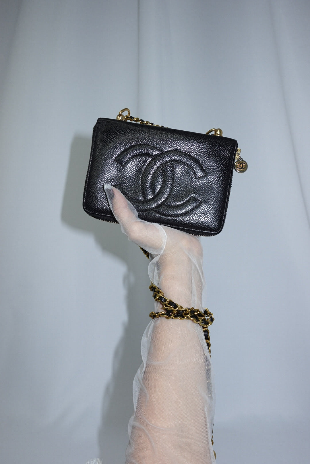 Re-Worked Chanel Black Zip CC Logo Small Vintage Wallet with Chain