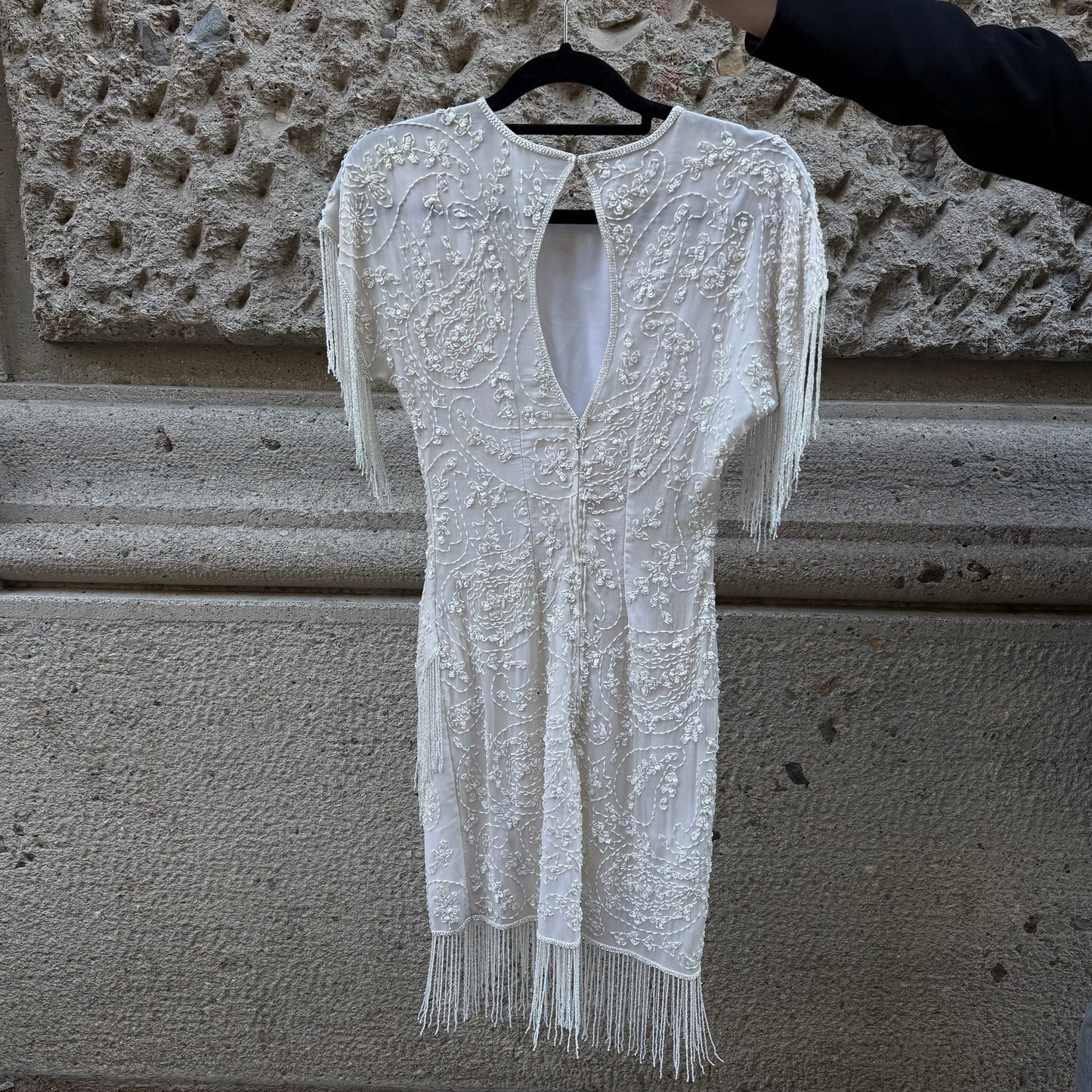 Vintage 1920s Style White Beaded Fringe Dress