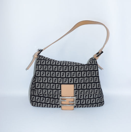 Fendi Mamma Baguette Zucchino Canvas FF Bag Black Canvas with Beige Trim