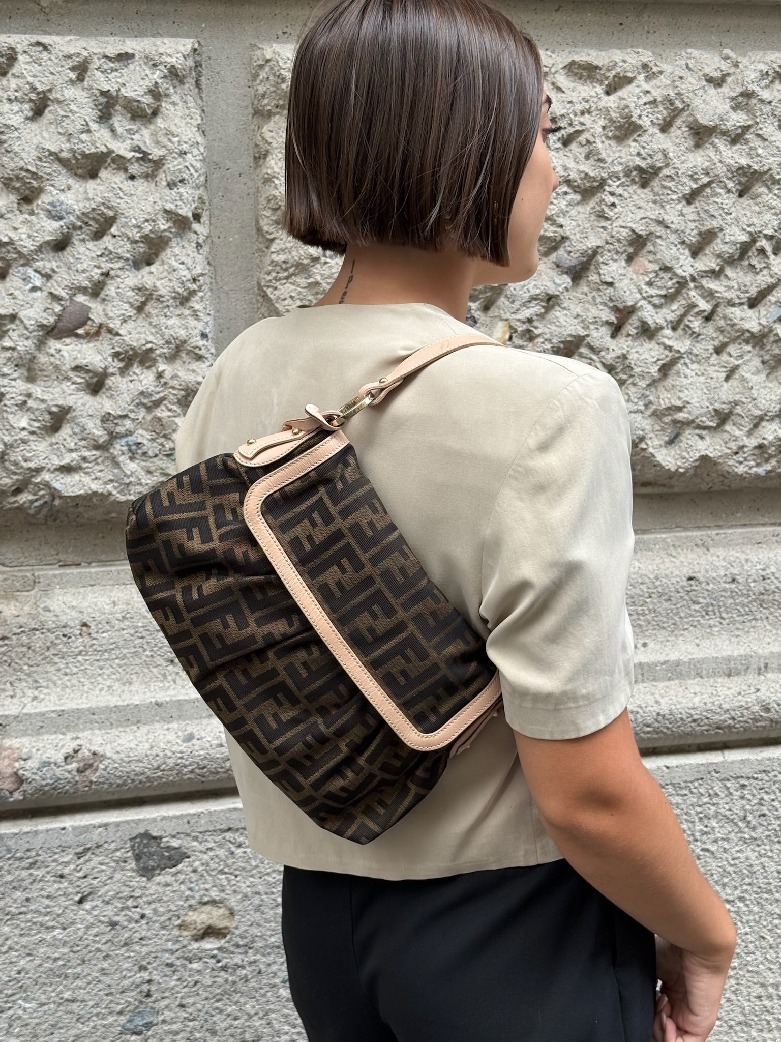 Vintage Fendi Zucca canvas Mini Chef shoulder bag with cream leather and gold hardware