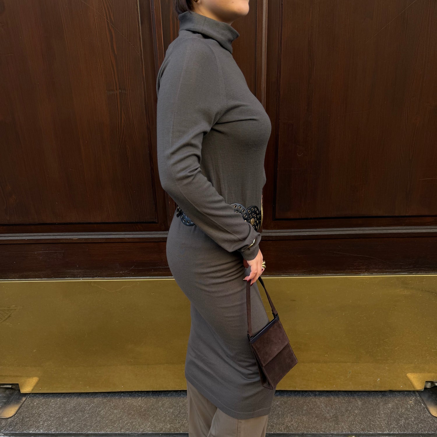 Abito lungo in lana a collo alto grigio Bottega Veneta