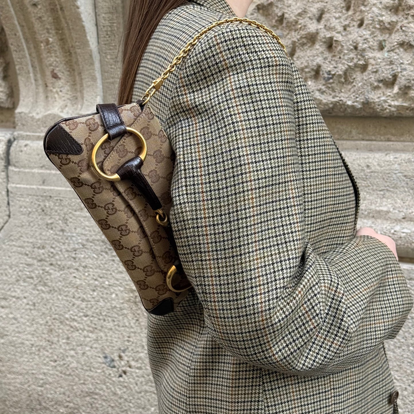 Gucci Horsebit Chain Brown GG Canvas & Leather Shoulder Bag