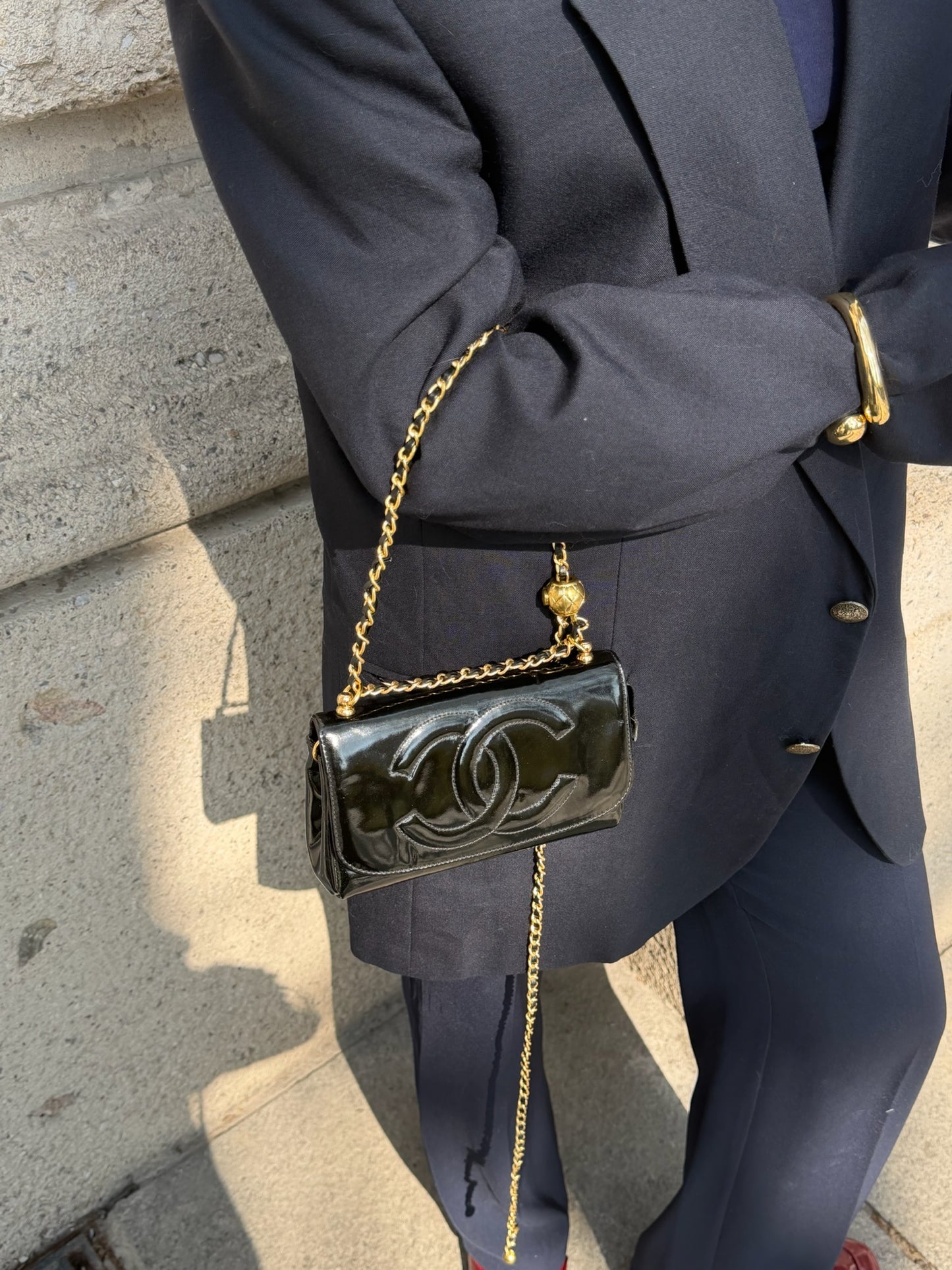 Chanel Re-Worked CC Flap Vintage Black Patent Leather Wallet w/ Chain