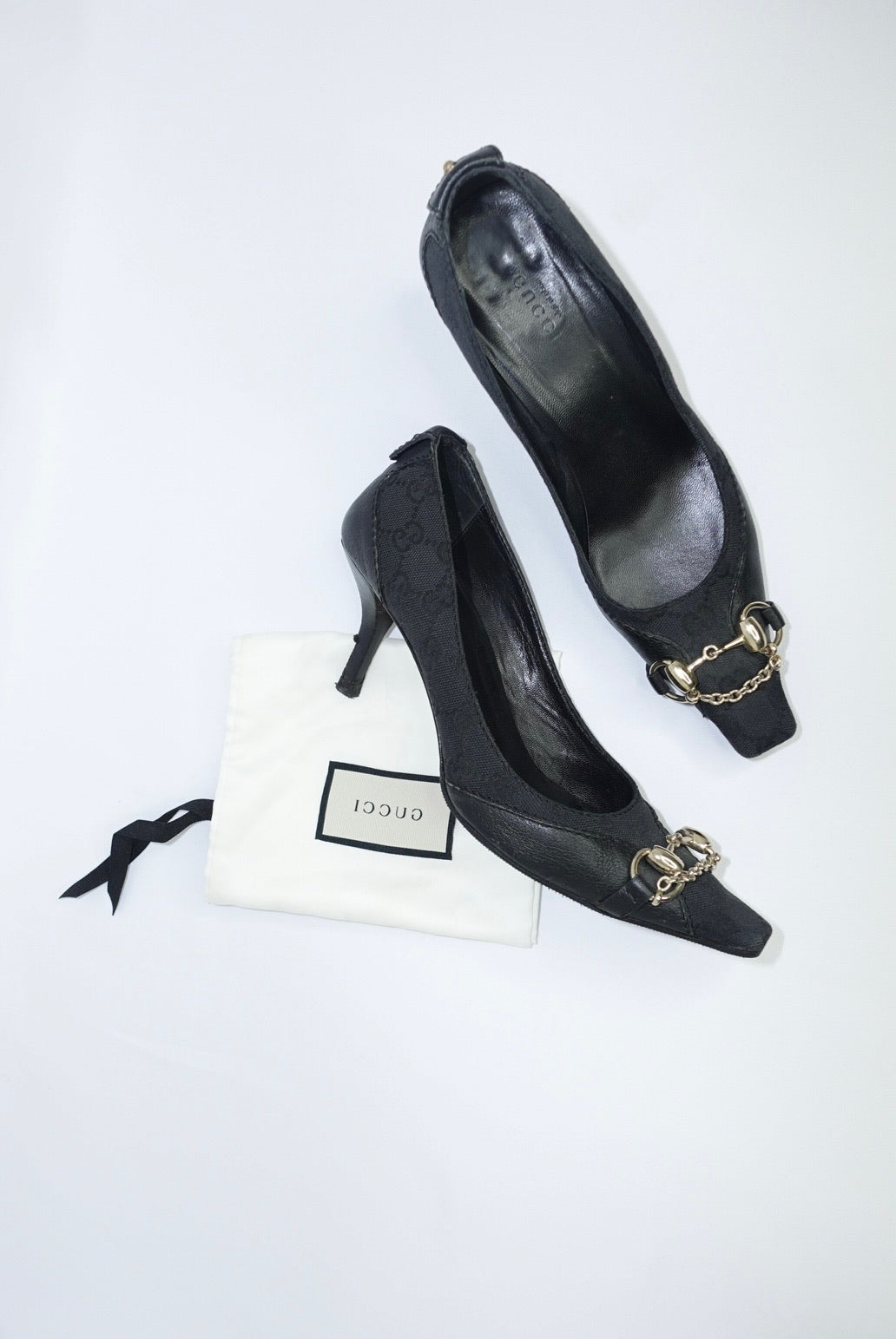 Gucci Black Monogram Canvas Horsebit Heels Gucci Black Monogram Canvas Horsebit Heels 37C