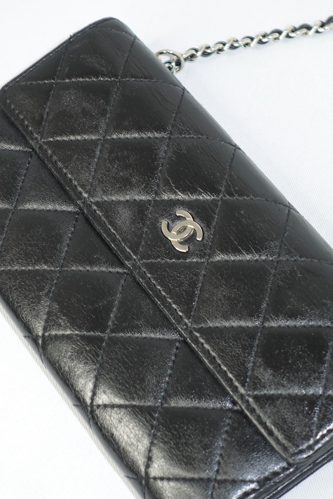 Chanel Vintage Re-worked Black Quilted Flap Wallet with Chain Lambskin