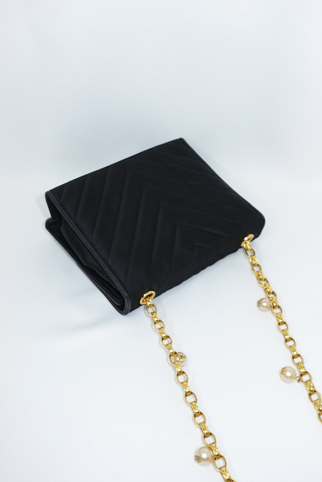Chanel Vintage Satin Pearl Chain Embroidered CC Logo Bag