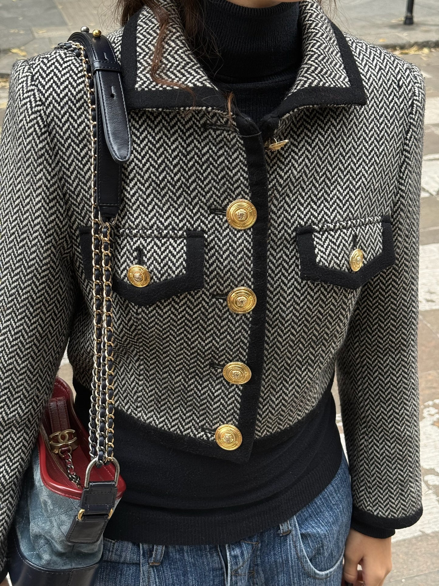 Versace B&W Chevron Vintage Short Blazer w/ Gold toned Buttons