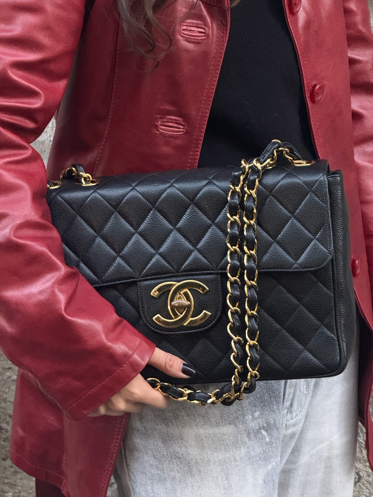 Chanel Vintage Jumbo Maxi Logo Caviar Leather