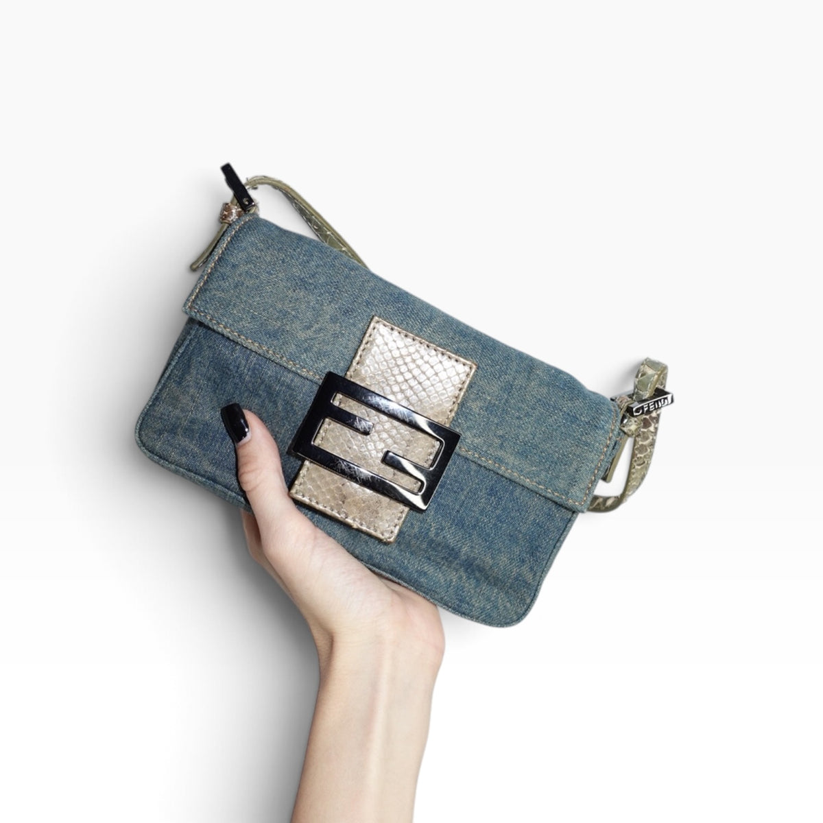 Fendi Mini Baguette Denim Bag with Snakeskin Strap