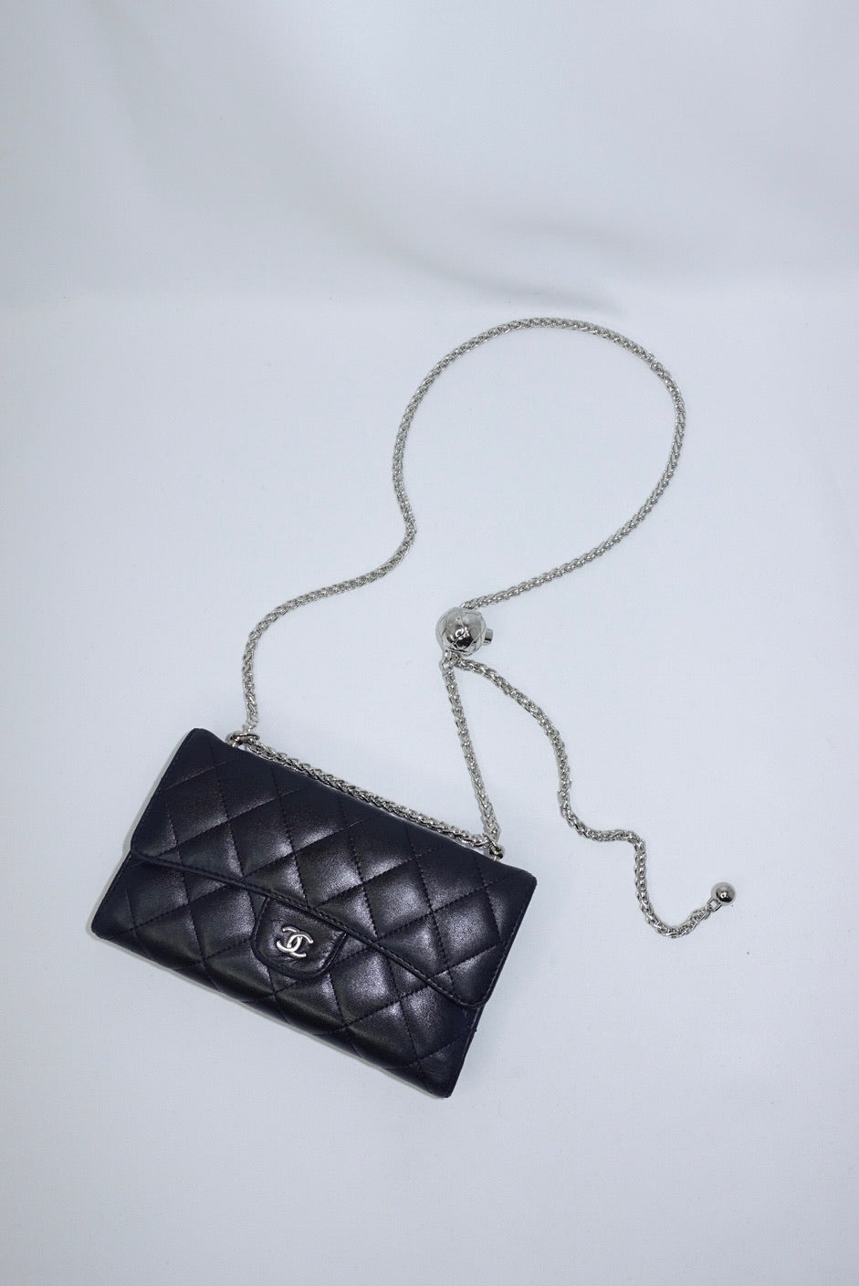 Re-Worked Chanel Timeless Trifold Vintage Navy Wallet with Chain