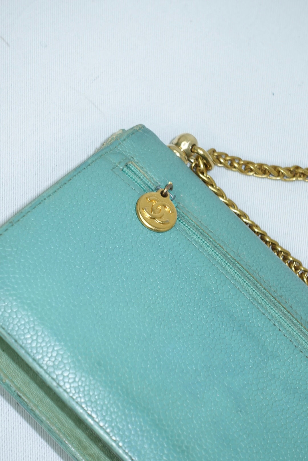 Chanel Re-Worked Flap Teal CC logo Vintage Wallet with Chain