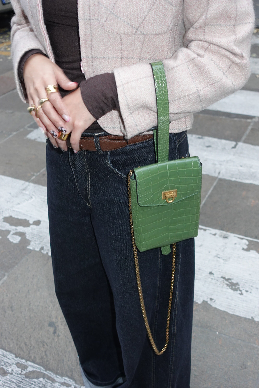 Ferragamo Croc Print Gancini Green Handbag W/ Chain