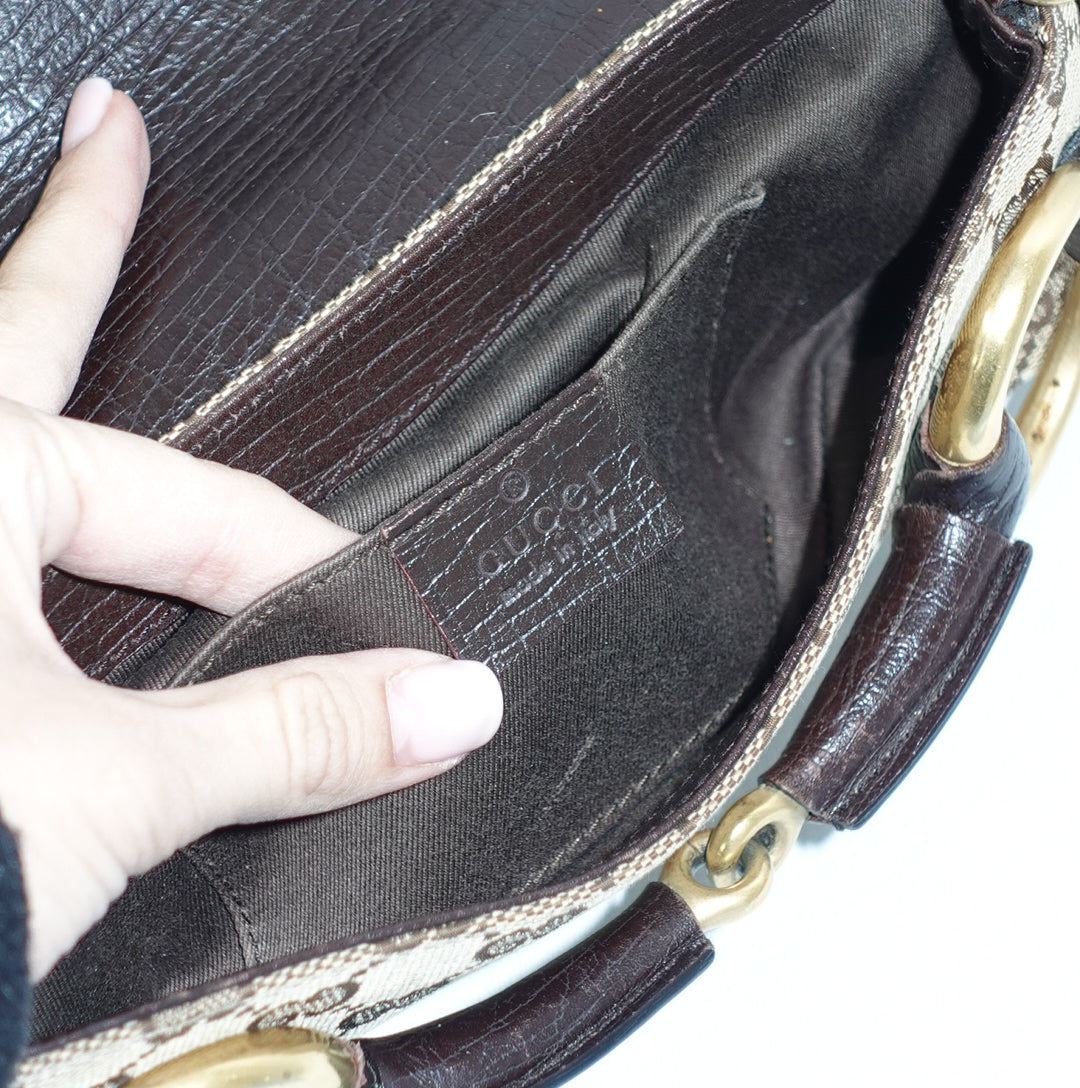 Gucci Horsebit Chain Monogram Canvas Shoulder Bag