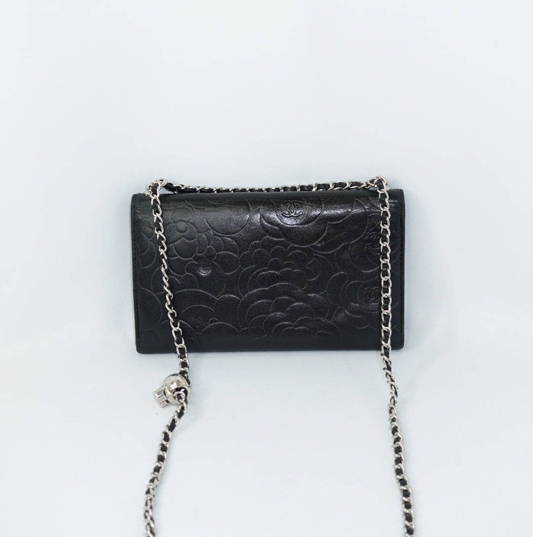 Chanel Black Flap Big Camelia Wallet On Chain