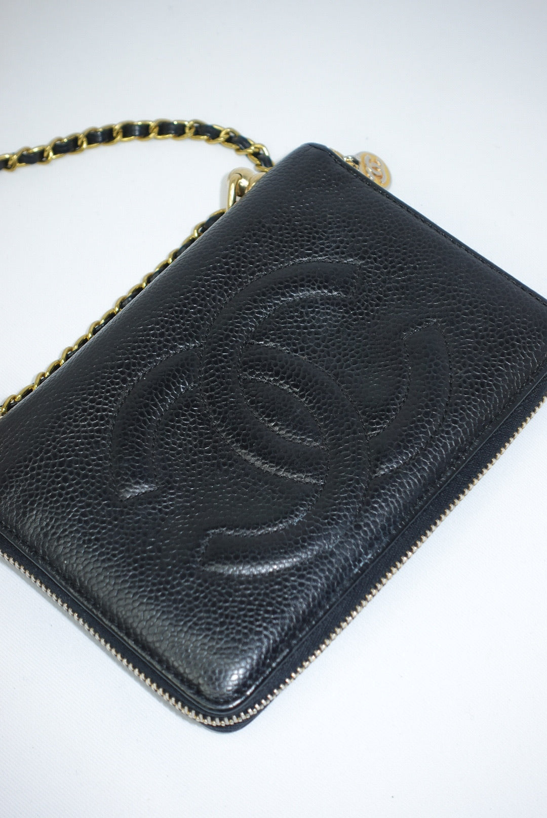 Re-Worked Chanel Black Zip CC Logo Small Vintage Wallet with Chain