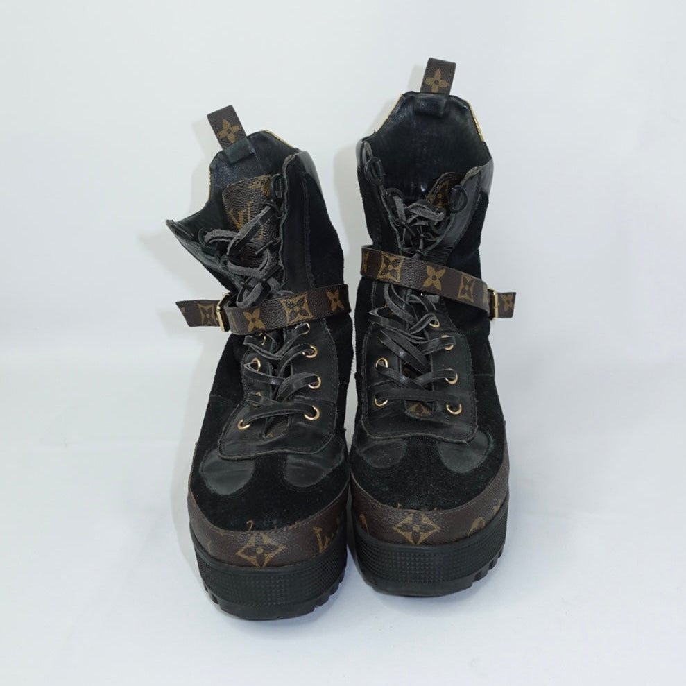 Stivali da combattimento in pelle scamosciata e pelle nera Monogram Louis Vuitton