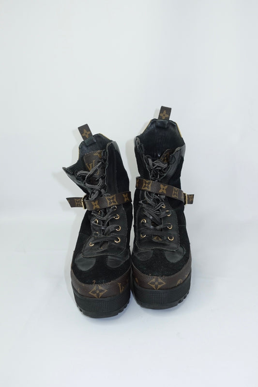 Louis Vuitton Monogram Black Leather and Suede Combat Boots