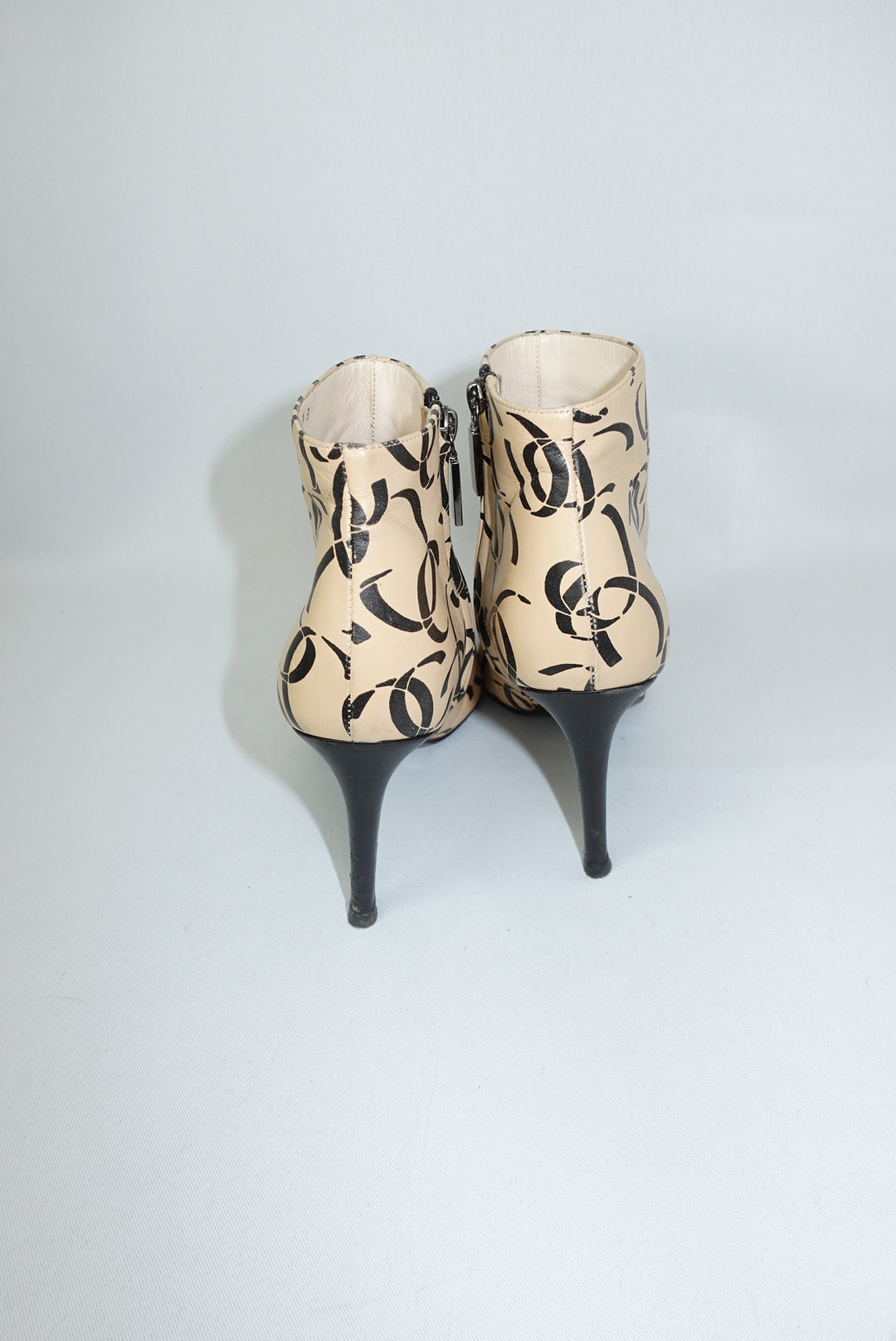 Chanel Vintage CC Logo Print Beige and Black Heeled Pointed Toe Ankle Boots