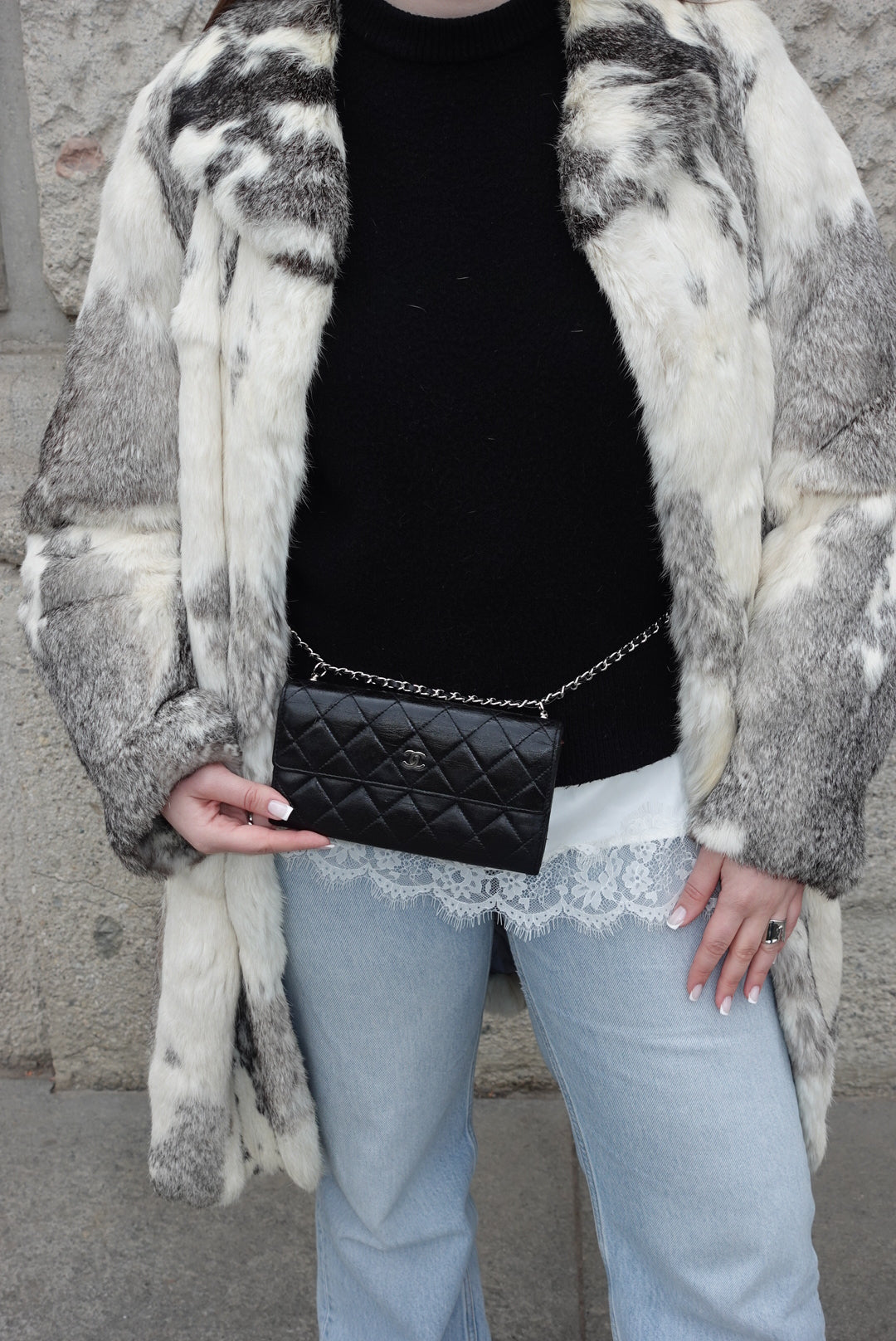 Chanel Vintage Re-worked Black Quilted Flap Wallet with Chain Lambskin