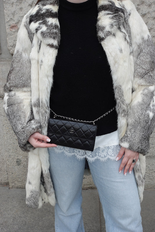 Chanel Vintage Re-worked Black Quilted Flap Wallet with Chain Lambskin