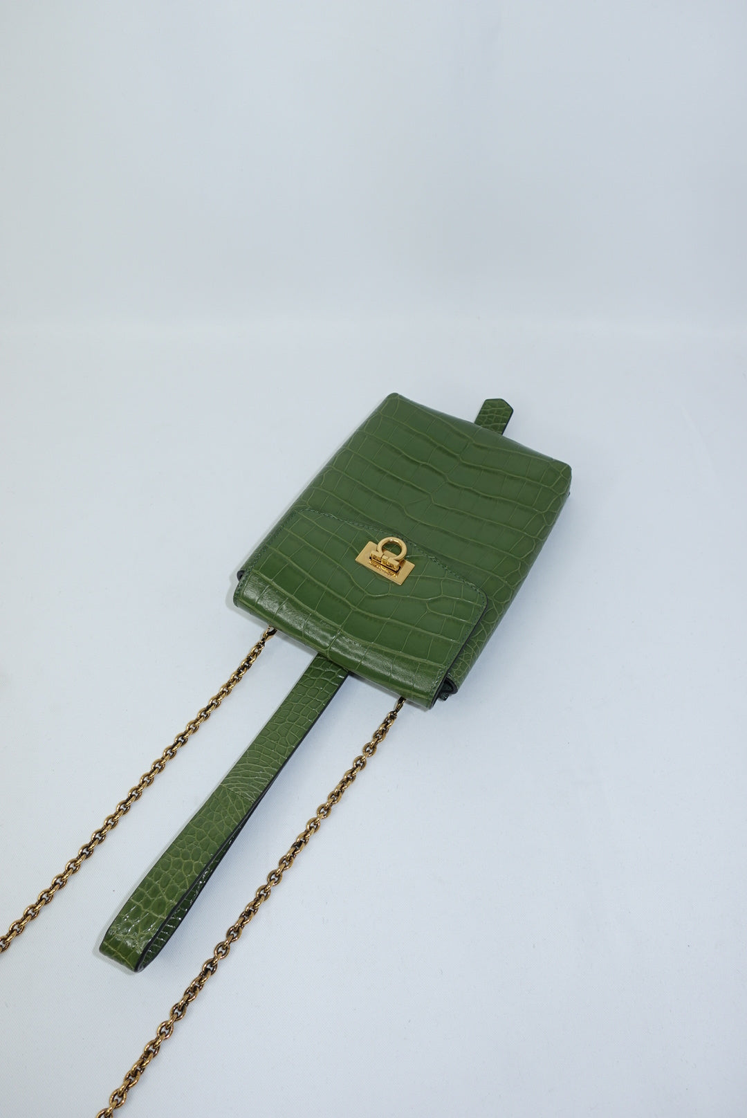 Ferragamo Croc Print Gancini Green Handbag W/ Chain