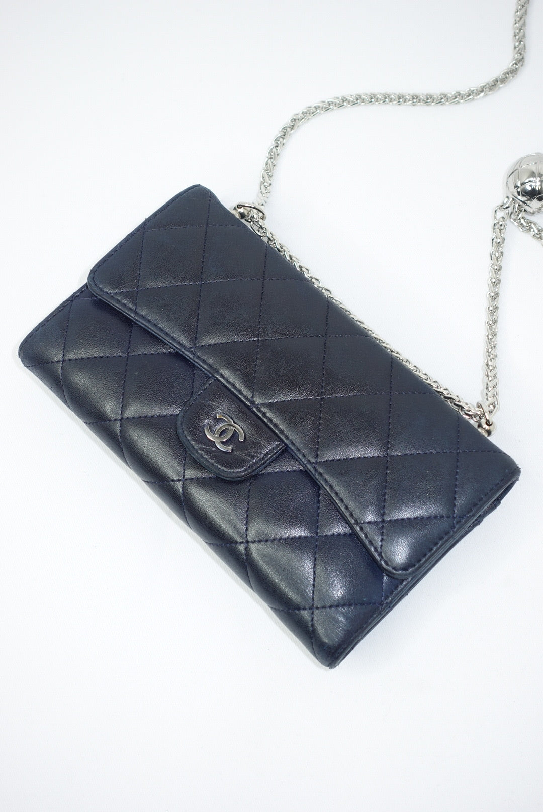 Re-Worked Chanel Timeless Trifold Vintage Navy Wallet with Chain