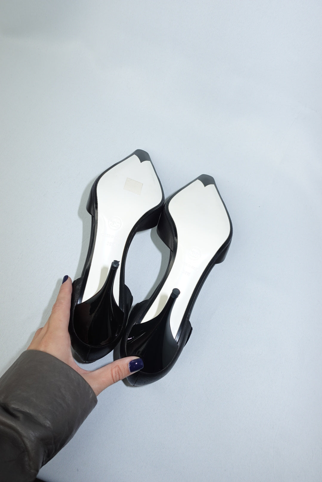 Chanel Vintage Heels Black Pointed-Toe w/ Gold Toned Studs