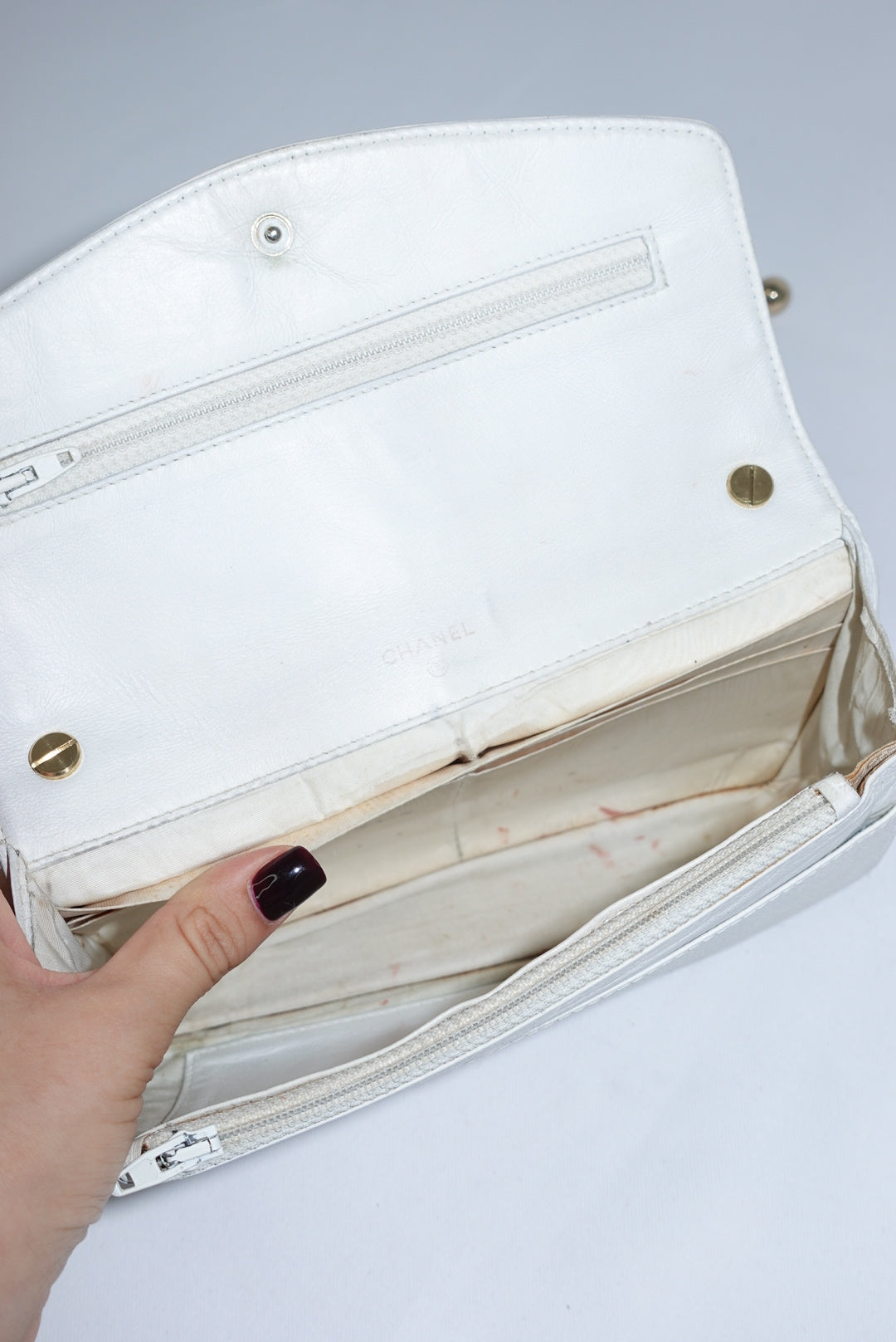 Re-Worked Chanel CC Flap Vintage White Calfskin Vintage Wallet with Chain