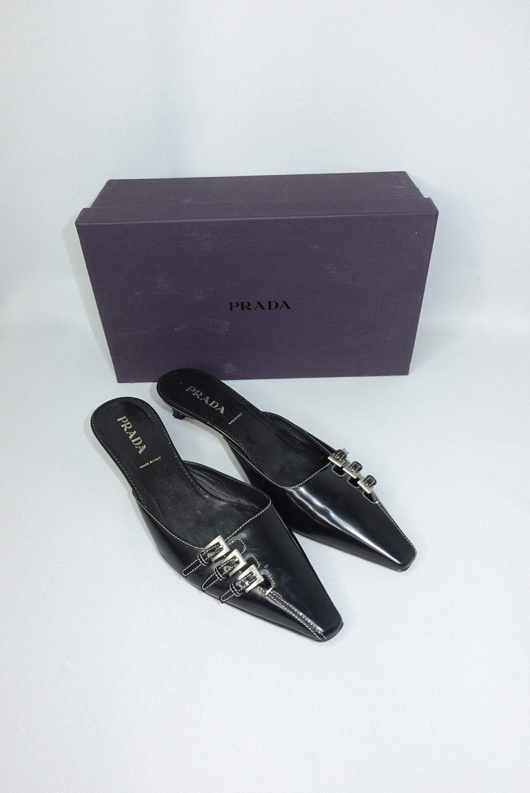 Prada Black Leather Kitten Heel Mules 38.5