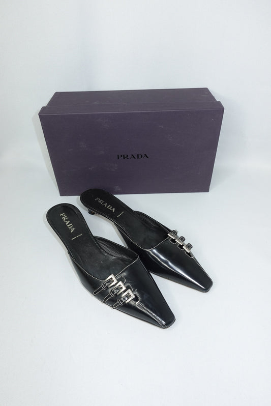 Prada Black Leather Kitten Heel Mules 38.5